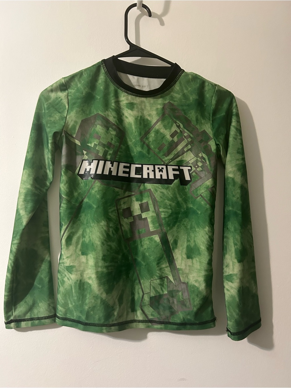 Minecraft Rash Guard Shirt Boys 10/12 Green UPF-50+ Long Sleeve Swim Top Mojang